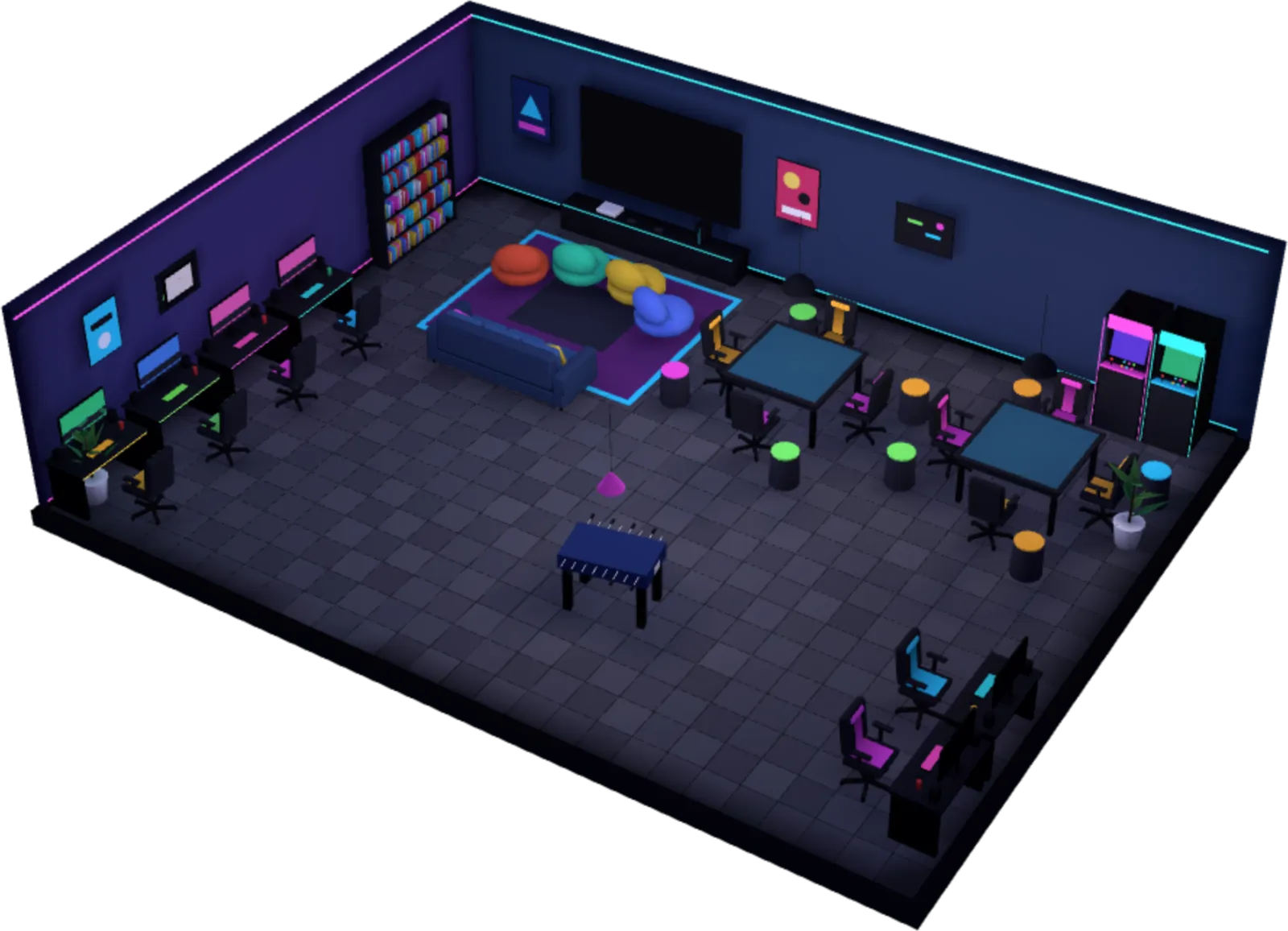 Neon çizgili oyun odası: oyuncu masaları, armut koltuklar, büyük ekran ve iki atari makinesi.